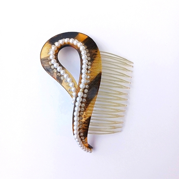 VINTAGE HAIRCOMB tortoise shell faux pearls rhinestones hairclip large - Picture 2 of 7